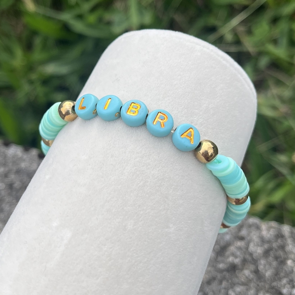 "LIBRA" Zodiac Heishi Disk Bracelet - 6.5 inches - Stretch Cord - Blue
